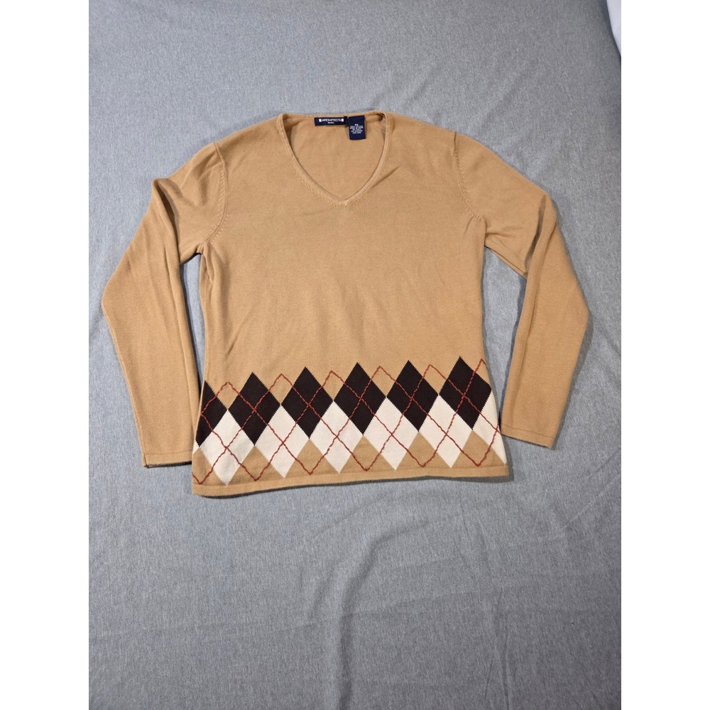 Architect Petites Tan Argyle V-Neck Cotton Sweater Brown Cream PS